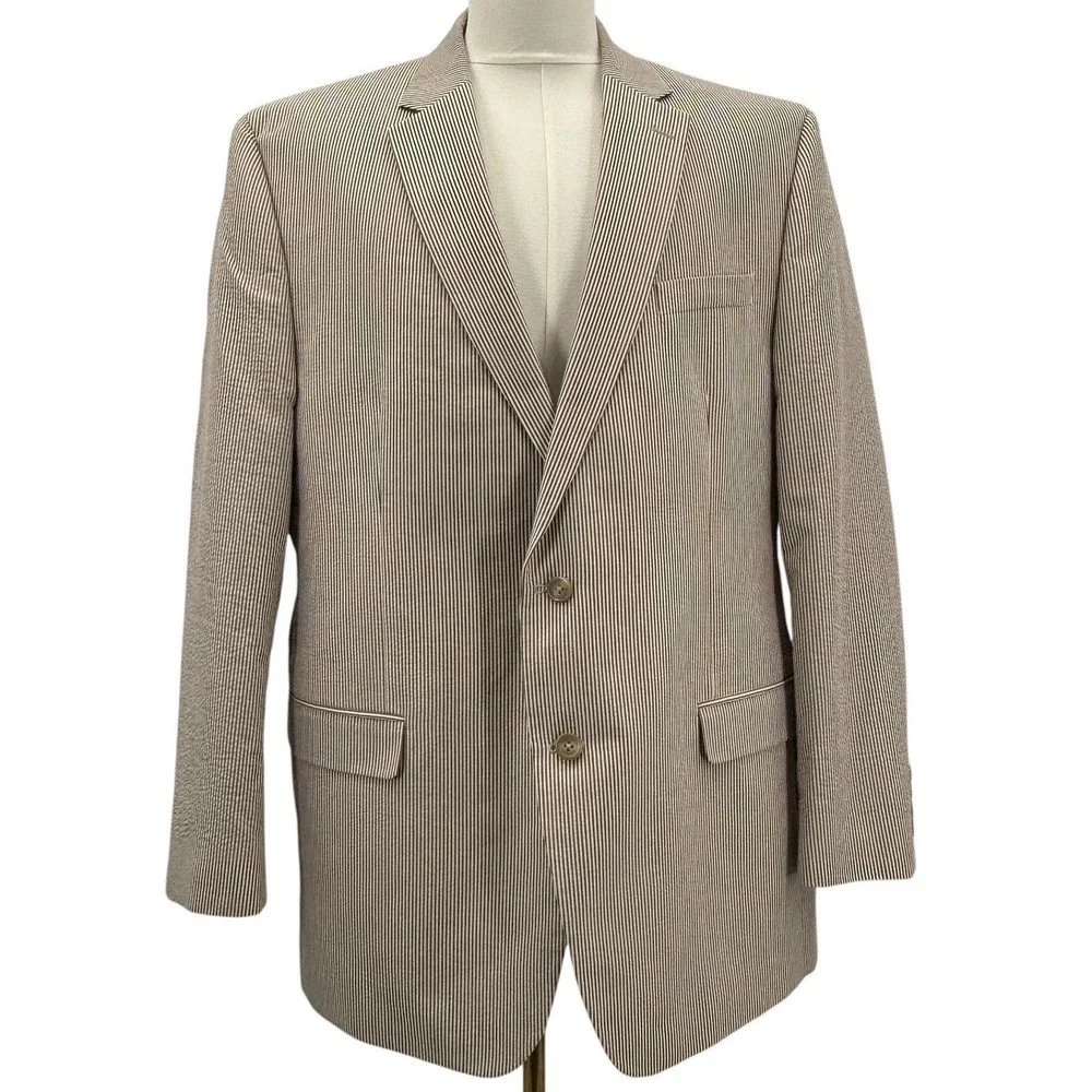 Chaps Men's Seersucker Blazer 46L Brown Stripe Cotton‎ Summer Sport Coat Preppy